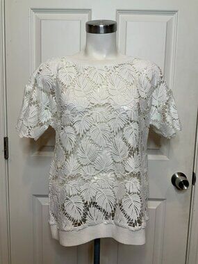 Lilly Pulitzer White Palm Frond Crocheted Short Sleeve Top Shirt, Size XS